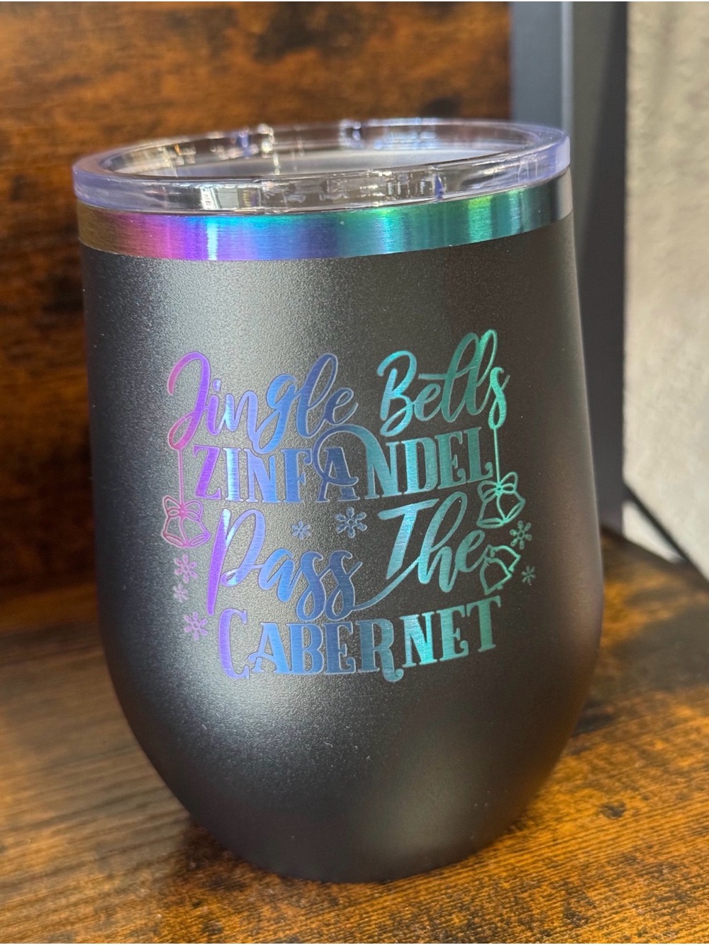 Black Iridescent Wine Tumbler - 'Jingle Bells Zinfandel'